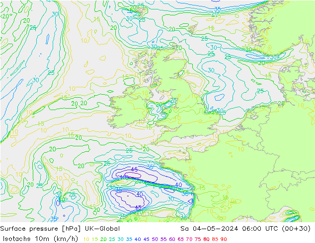 Isotachs (kph) UK-Global Sáb 04.05.2024 06 UTC