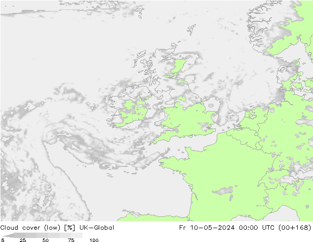 Cloud cover (low) UK-Global Fr 10.05.2024 00 UTC