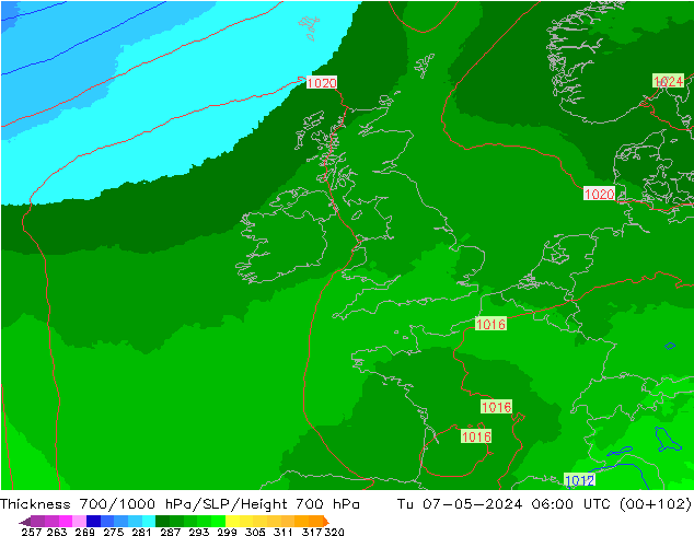 Thck 700-1000 hPa UK-Global Ter 07.05.2024 06 UTC