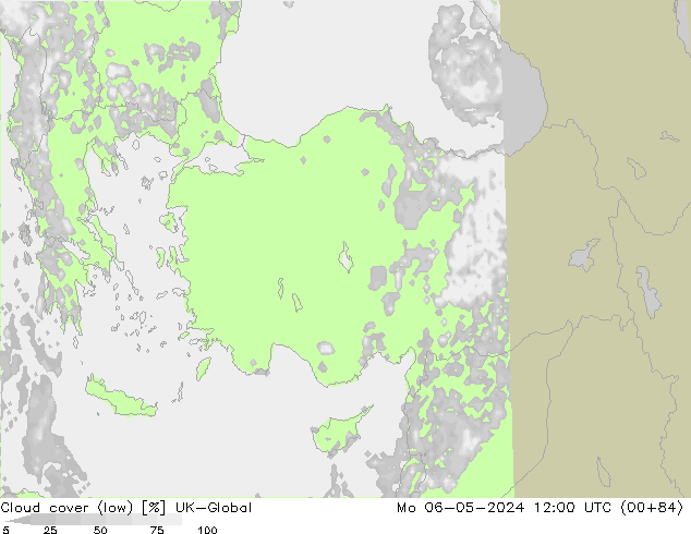 Cloud cover (low) UK-Global Mo 06.05.2024 12 UTC