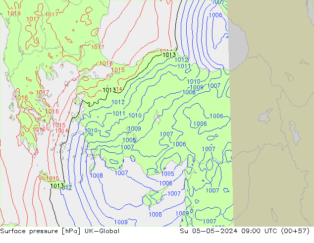 Pressione al suolo UK-Global dom 05.05.2024 09 UTC