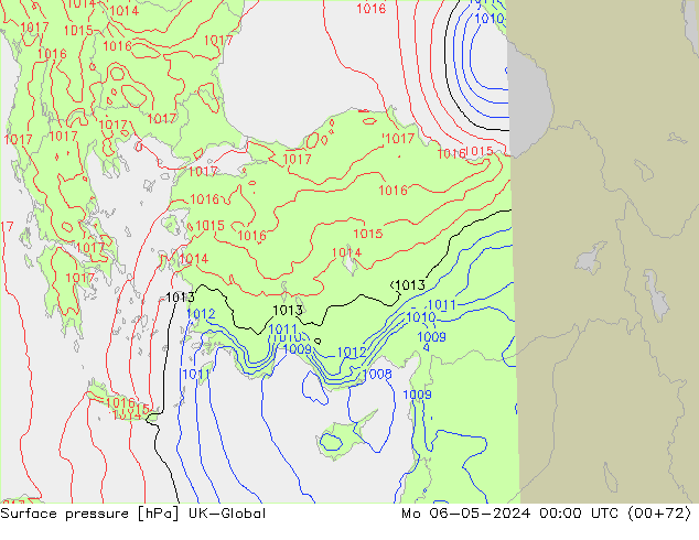 Surface pressure UK-Global Mo 06.05.2024 00 UTC