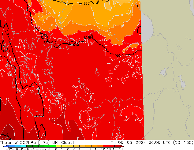 Theta-W 850hPa UK-Global czw. 09.05.2024 06 UTC