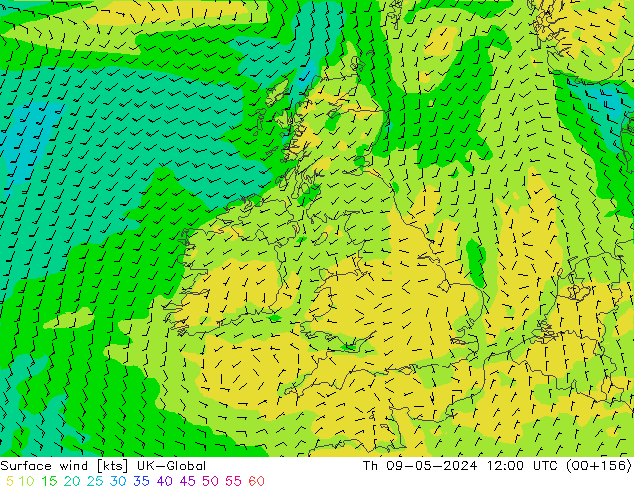 Wind 10 m UK-Global do 09.05.2024 12 UTC