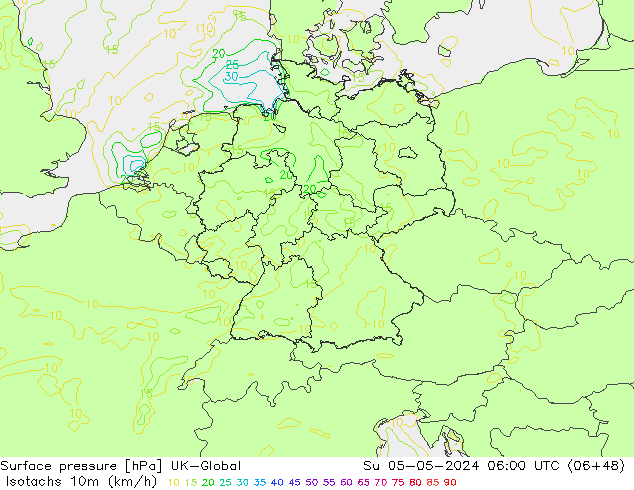 Isotachs (kph) UK-Global Su 05.05.2024 06 UTC