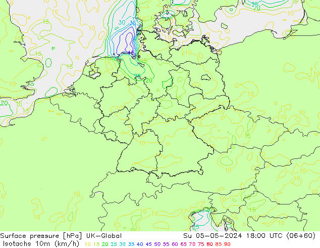 Isotachs (kph) UK-Global Su 05.05.2024 18 UTC