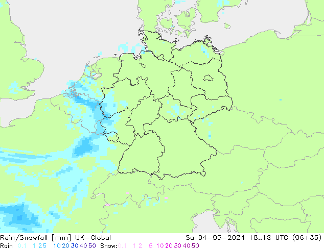 Rain/Snowfall UK-Global sab 04.05.2024 18 UTC