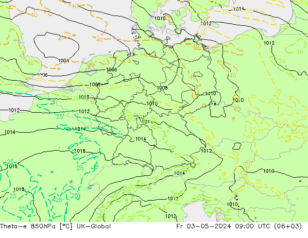 Theta-e 850hPa UK-Global vie 03.05.2024 09 UTC