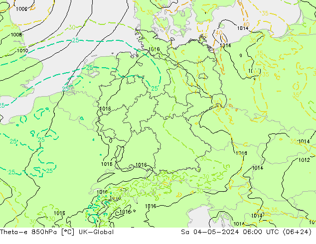 Theta-e 850hPa UK-Global Sáb 04.05.2024 06 UTC
