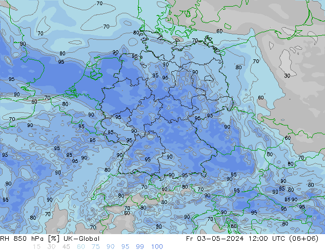 Humidité rel. 850 hPa UK-Global ven 03.05.2024 12 UTC