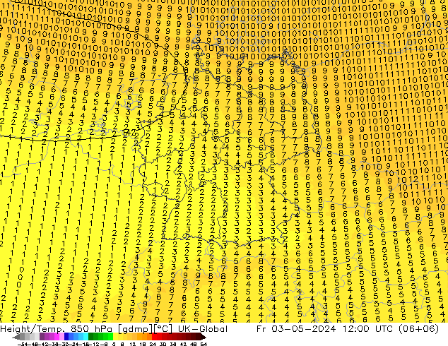 Hoogte/Temp. 850 hPa UK-Global vr 03.05.2024 12 UTC