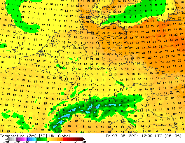 Temperatura (2m) UK-Global vie 03.05.2024 12 UTC