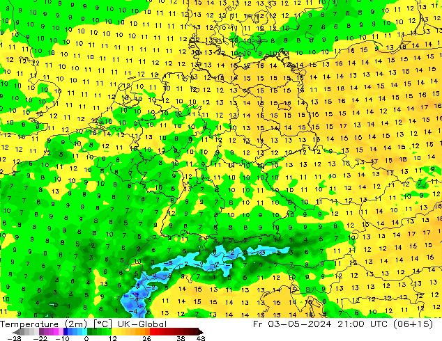 Temperatura (2m) UK-Global vie 03.05.2024 21 UTC