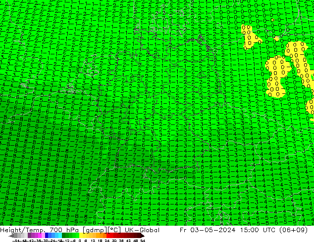 Height/Temp. 700 hPa UK-Global Fr 03.05.2024 15 UTC