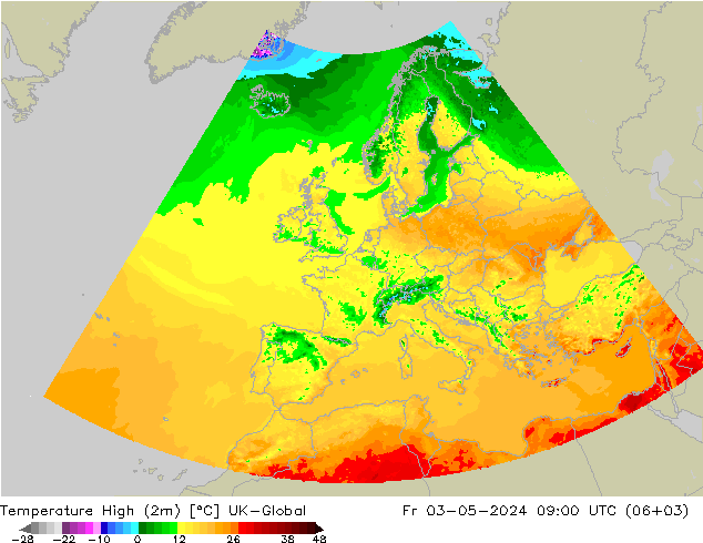 Max.temperatuur (2m) UK-Global vr 03.05.2024 09 UTC