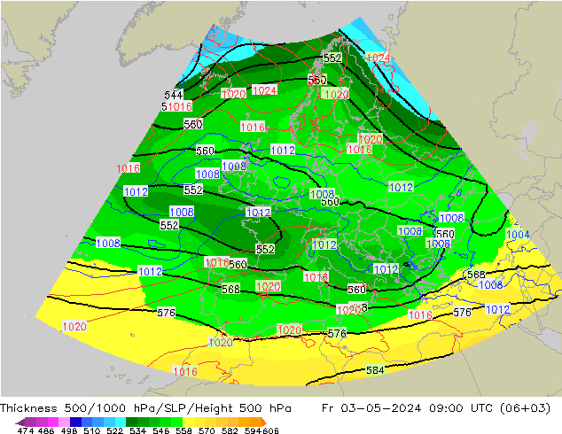 Espesor 500-1000 hPa UK-Global vie 03.05.2024 09 UTC