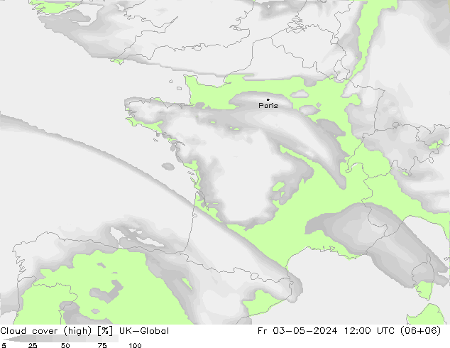 Cloud cover (high) UK-Global Fr 03.05.2024 12 UTC