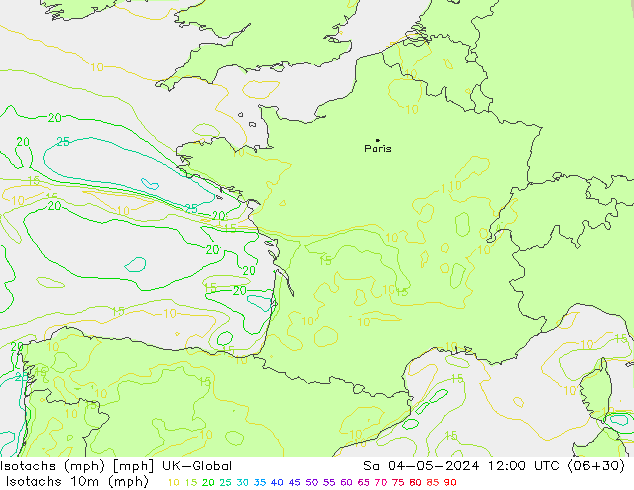 Isotachs (mph) UK-Global сб 04.05.2024 12 UTC