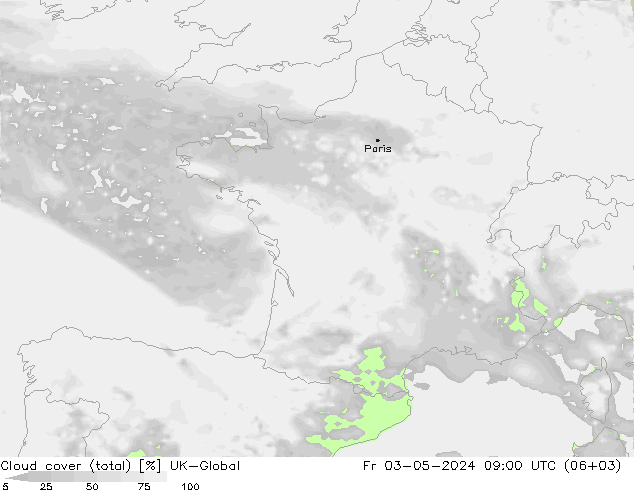 Bewolking (Totaal) UK-Global vr 03.05.2024 09 UTC
