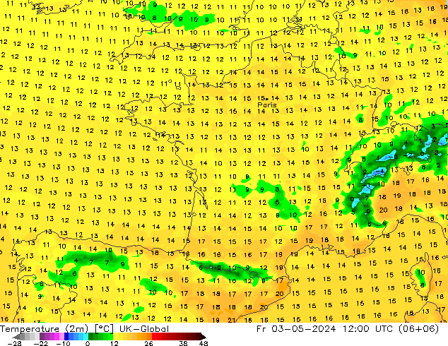 Temperaturkarte (2m) UK-Global Fr 03.05.2024 12 UTC