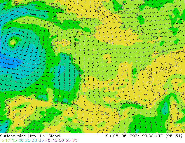 Surface wind UK-Global Su 05.05.2024 09 UTC