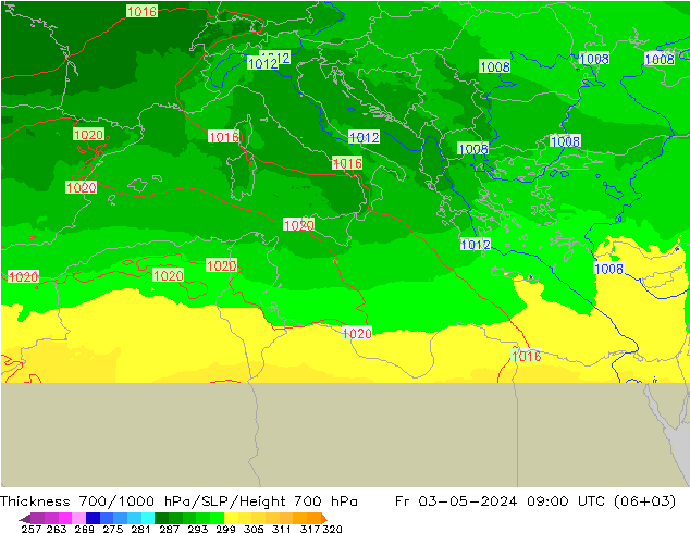 Thck 700-1000 hPa UK-Global  03.05.2024 09 UTC