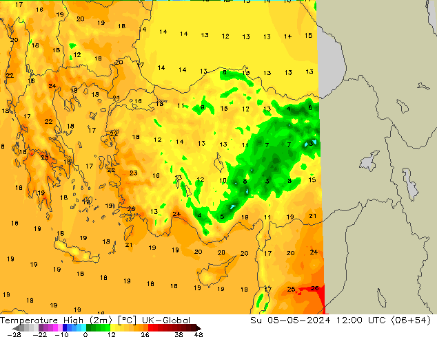 Temp. massima (2m) UK-Global dom 05.05.2024 12 UTC