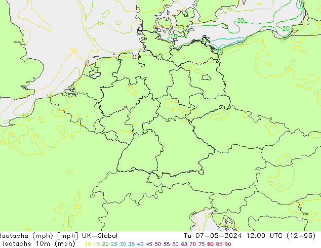 Isotachen (mph) UK-Global Di 07.05.2024 12 UTC