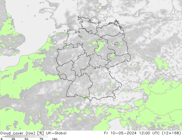 Bewolking (Laag) UK-Global vr 10.05.2024 12 UTC