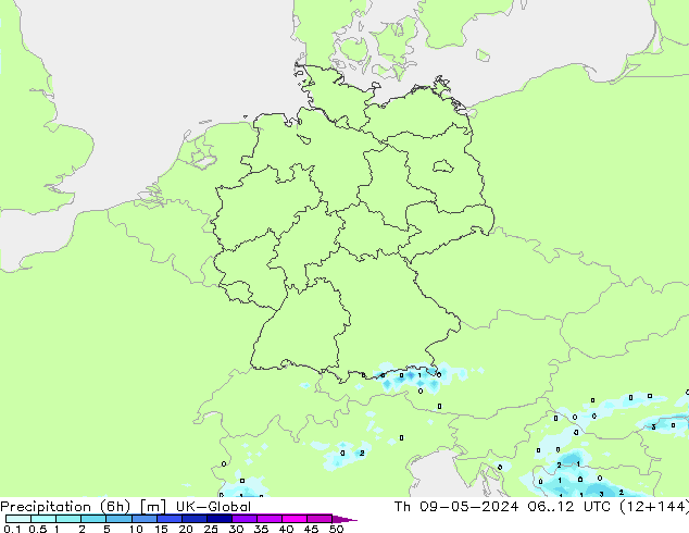 Precipitation (6h) UK-Global Th 09.05.2024 12 UTC