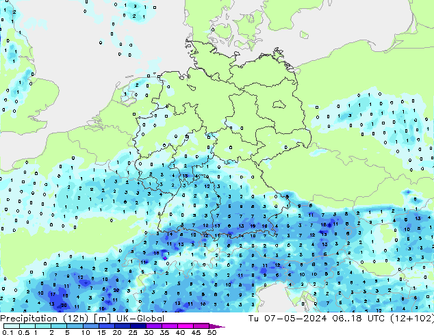 Precipitation (12h) UK-Global Tu 07.05.2024 18 UTC