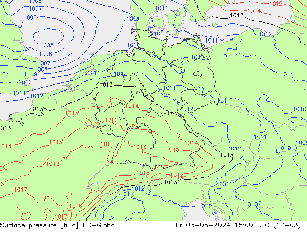 Pressione al suolo UK-Global ven 03.05.2024 15 UTC