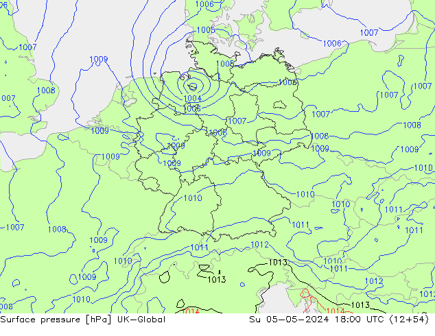 Pressione al suolo UK-Global dom 05.05.2024 18 UTC