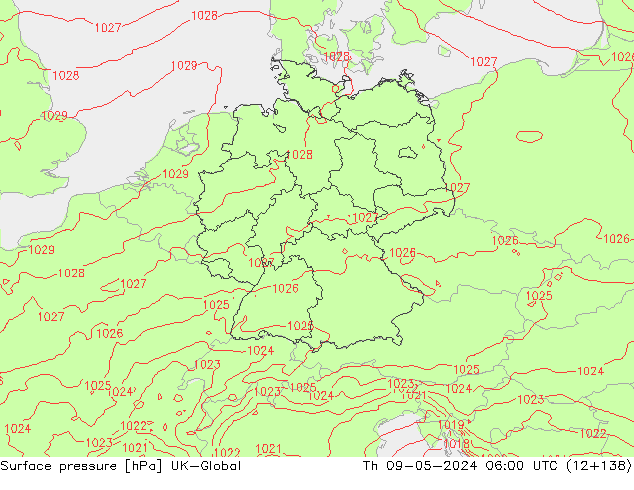 Surface pressure UK-Global Th 09.05.2024 06 UTC