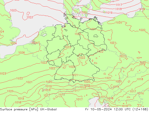 Pressione al suolo UK-Global ven 10.05.2024 12 UTC