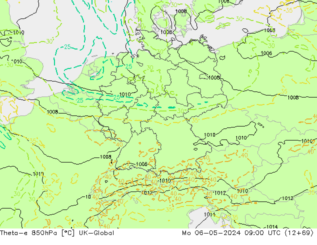 Theta-e 850hPa UK-Global ma 06.05.2024 09 UTC