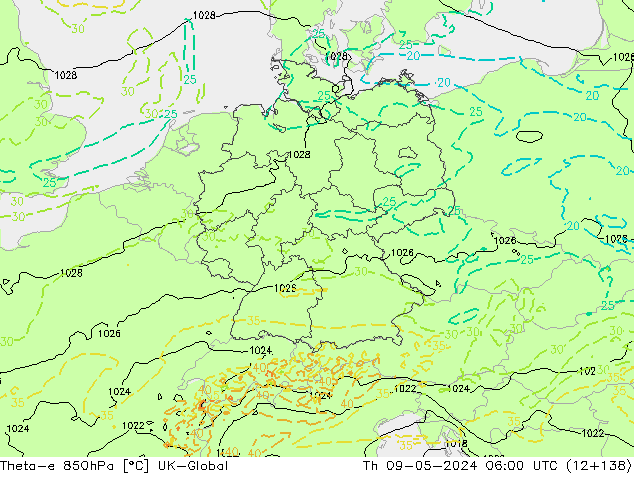 Theta-e 850hPa UK-Global jue 09.05.2024 06 UTC