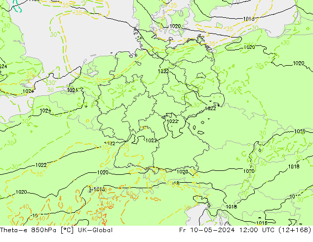 Theta-e 850hPa UK-Global ven 10.05.2024 12 UTC