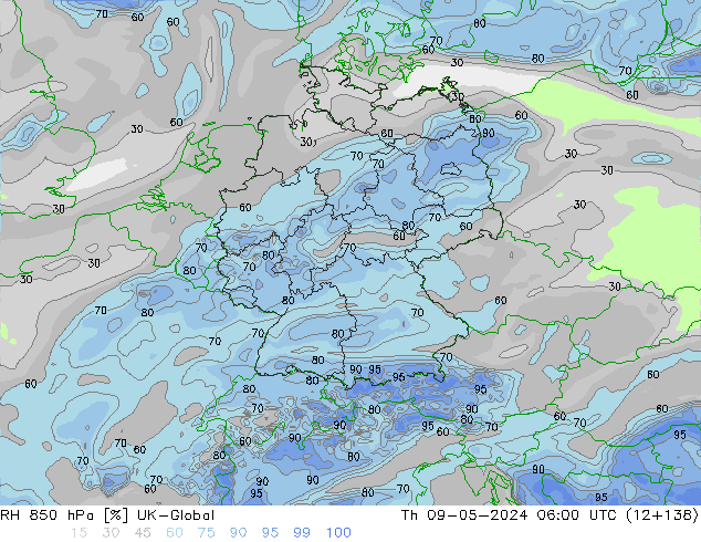 Humidité rel. 850 hPa UK-Global jeu 09.05.2024 06 UTC