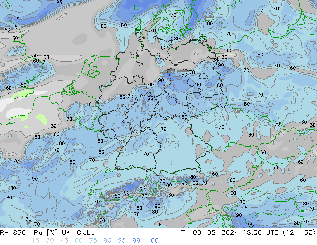Humidité rel. 850 hPa UK-Global jeu 09.05.2024 18 UTC