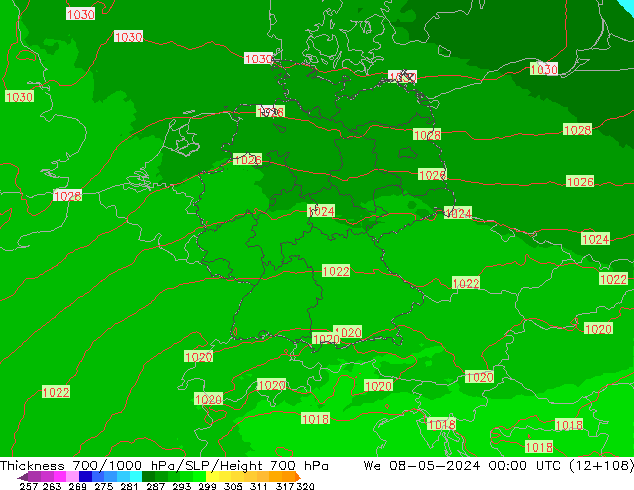 Schichtdicke 700-1000 hPa UK-Global Mi 08.05.2024 00 UTC