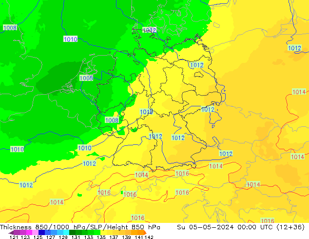 Espesor 850-1000 hPa UK-Global dom 05.05.2024 00 UTC