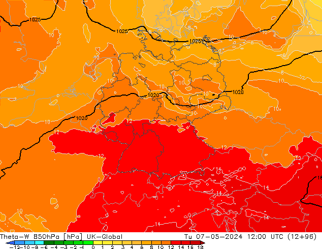Theta-W 850hPa UK-Global Tu 07.05.2024 12 UTC
