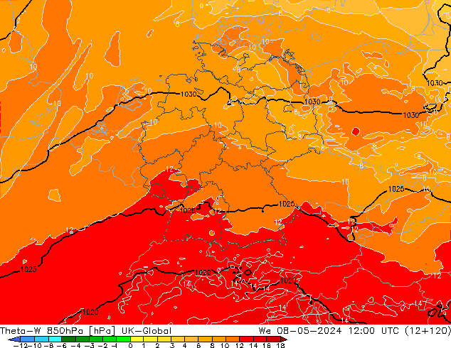 Theta-W 850hPa UK-Global  08.05.2024 12 UTC