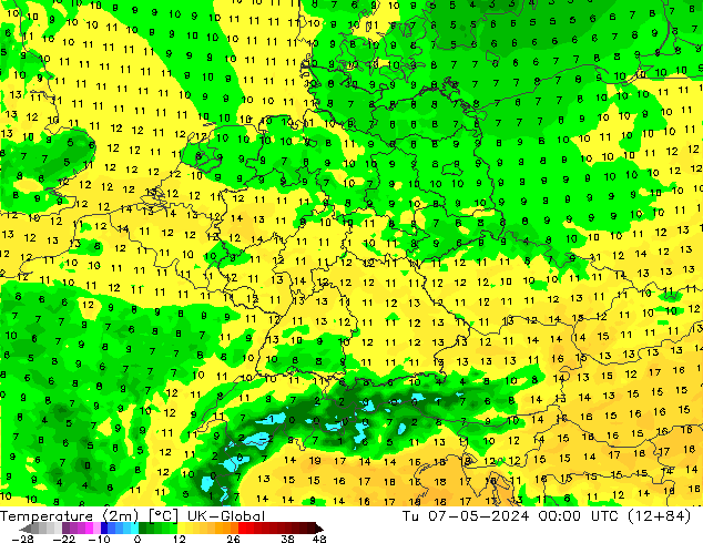 Temperature (2m) UK-Global Tu 07.05.2024 00 UTC