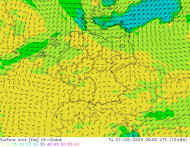 Surface wind UK-Global Út 07.05.2024 00 UTC