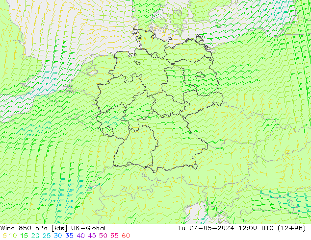 Wind 850 hPa UK-Global Tu 07.05.2024 12 UTC