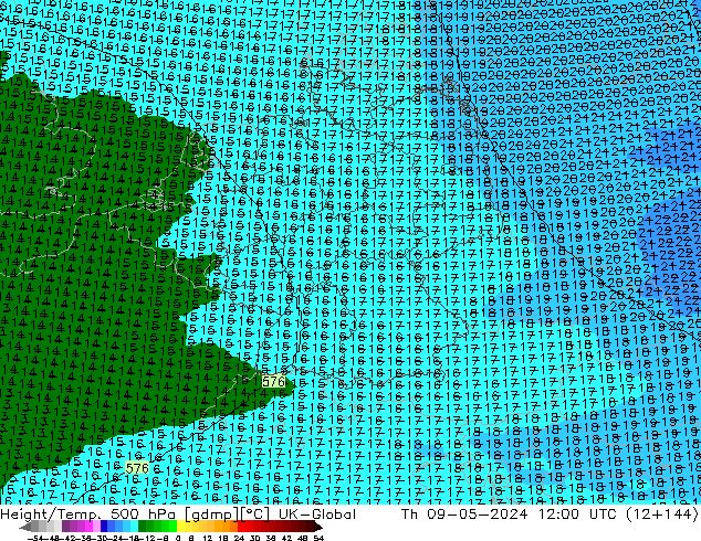 Geop./Temp. 500 hPa UK-Global jue 09.05.2024 12 UTC