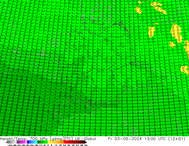 Height/Temp. 700 hPa UK-Global pt. 03.05.2024 13 UTC