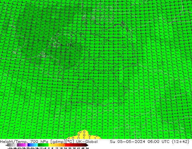 Height/Temp. 700 hPa UK-Global  05.05.2024 06 UTC